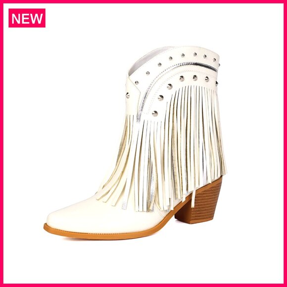 Western Cowboy Womens Pointed Toe Tassel Mid Calf Boots 5.5  Women\'s Western Ankle Booties Pointed Toe Fringe Tassels Block Heel